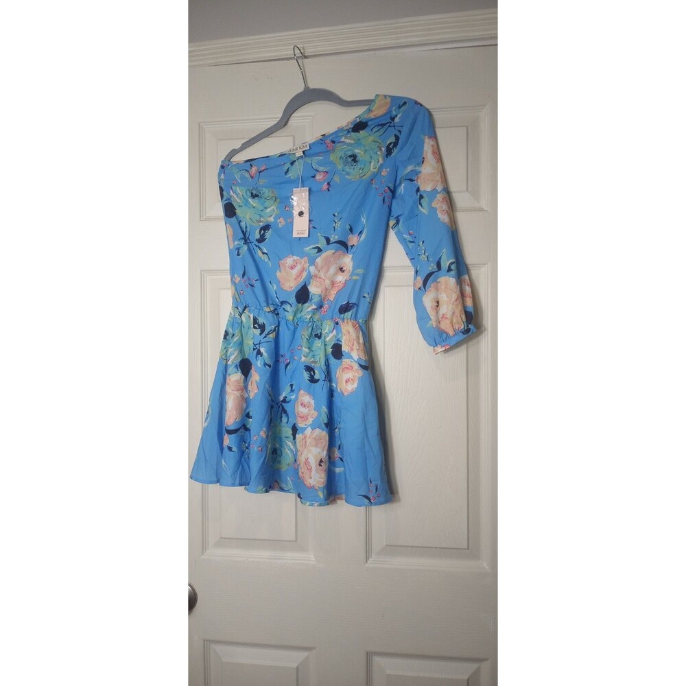 Yumi Kim Dress Small Blue Rose Garden One Shoulder Mini Pockets Floral Boho